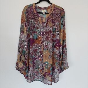 Fig & Flower Floral Button Down Multiprint Long Sleeve Blouse Size 3X